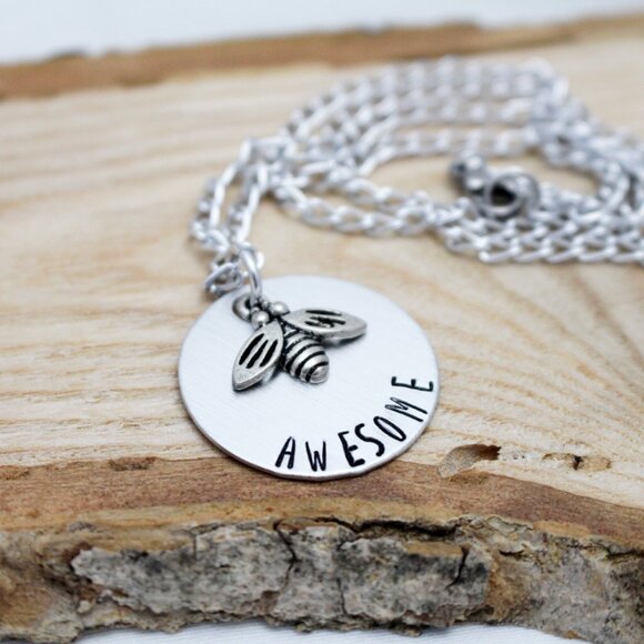 Bee Awesome - Hand Stamped Pendant Necklace - 18" Chain - Handmade - Picture 5 of 5